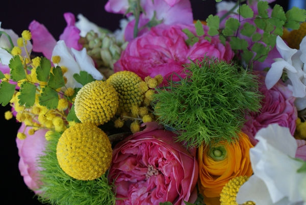 pink, green, yellow flowers