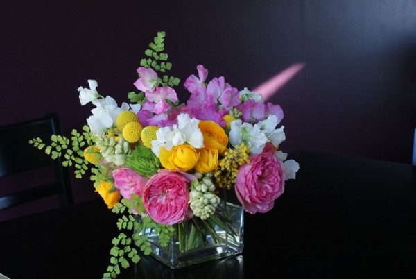 garden roses, sweet peas, craspedia