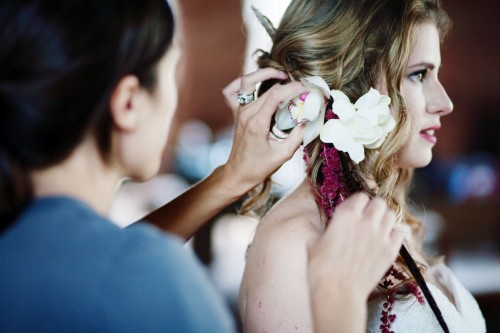 orchid, gardenia, and amaranthus headpiece by Anastasia Ehlers, photo by Anne Nunn