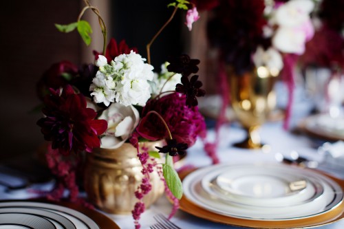 centerpiece in a brass urn by Anastasia Ehlers, photo by Anne Nunn