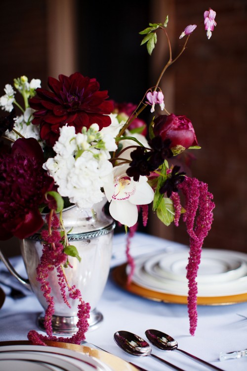 burgundy and ivory arrangement in silver pitcher by Anastasia Ehlers, photo by Anne Nunn
