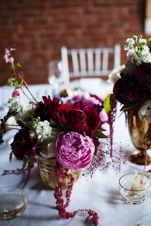 burgundy and blush peony centerpiece with smokebush by Anastasia Ehlers, photo by Anne Nunn