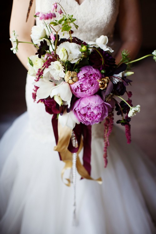 peony and orchid bouquet with chocolate cosmos and bleeding hearts by Anastasia Ehlers, photo by Anne Nunn