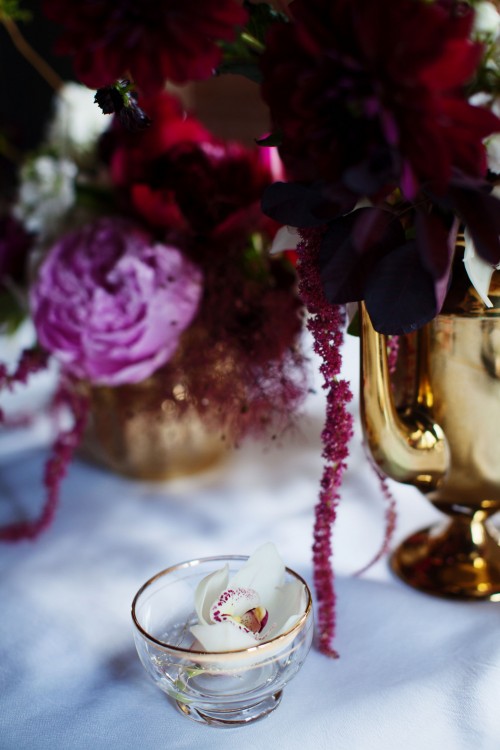 orchid and gold accent for centerpiece | flowers by Anastasia Ehlers, photo by Anne Nunn