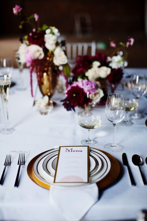 gold and silver place setting with art deco menu | stationery by Little Arrow, photo by Anne Nunn