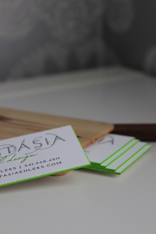 green edge-painted letterpress business cards by Twin Ravens Press