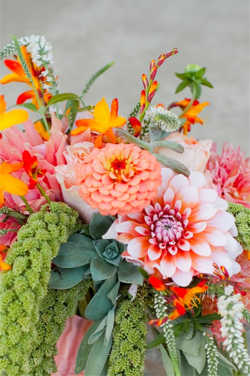 orange dahlia and succulent bouquet with crocosmia by Anastasia Ehlers | photo by Erika Nicole