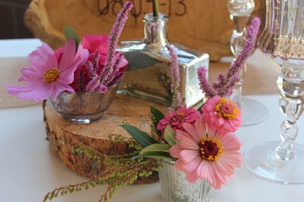 mercury glass and wood with pink flowers