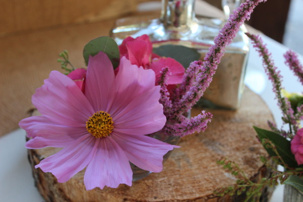 pink flowers in mercury glass