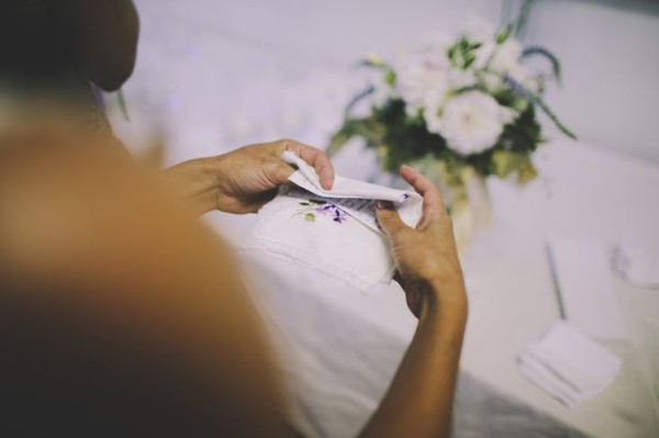 purple-embroidered handkerchief