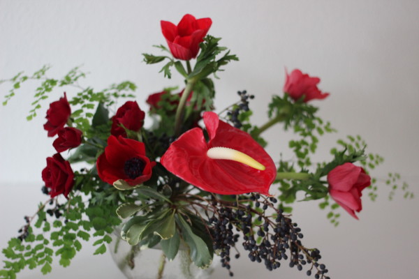 anthurium and anemone arrangement by anastasia ehlers