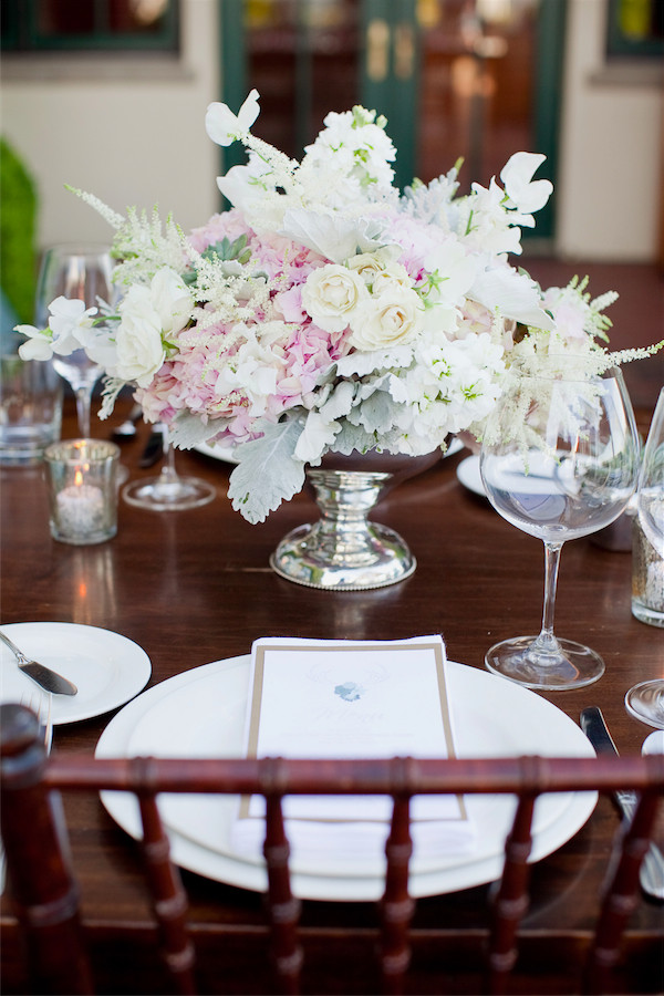 hydrangea, rose, and peony centerpiece with succulents by Anastasia Ehlers | photo by Erika Nicole