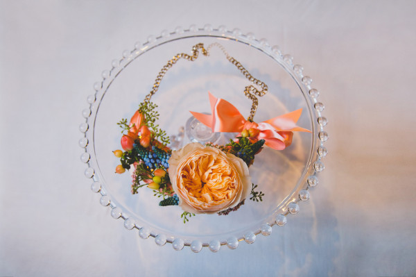 garden rose and muscari floral necklace by Anastasia Ehlers | photo by Cat Dossett