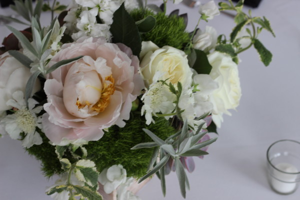 white, green, and blush peony and rose centerpiece with anastasia floral design