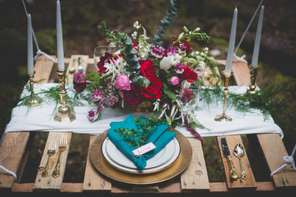 red and pink woodsy centerpiece by Anastasia Floral | styled by Event Crush | photo by Cat Dossett